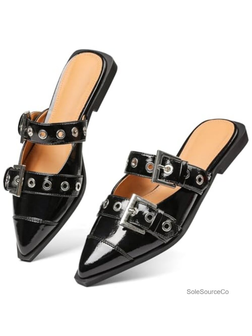 Women's Pointy Toe Mules Flats Low Block Heel Ballerina Faux Leather Adjustable